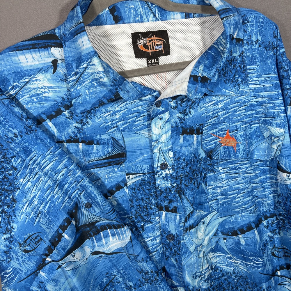 Guy Harvey Shirt 2XL Blue Marlin Fish AOP Long Sleeve Button Down Outdoor